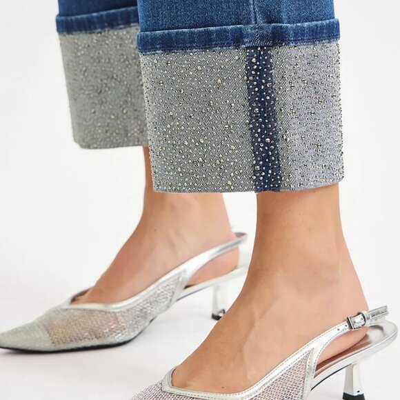 RISEN High Rise Ankle Wide Rhine Stone Cuffed‎ Jeans - Picture 7 of 7